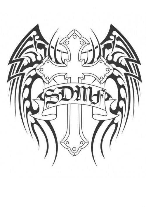 Tribal And Cross Black And White Tattoo Design